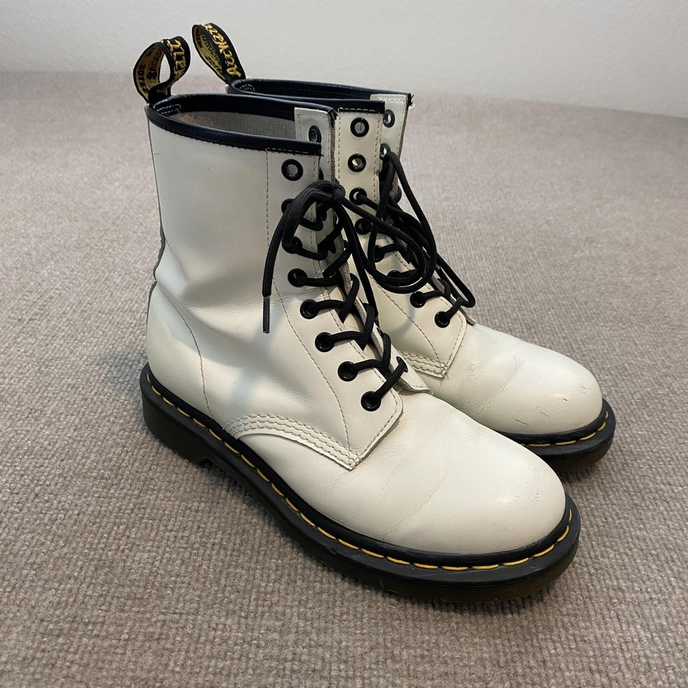 Dr. Martens 1460 Boots Womens Size 8 White Leather Ankle Combat Lace Up Grunge